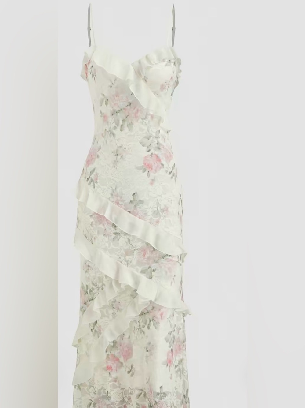Lace v neck floral ruffle maxi dress
